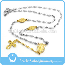 Zwei-Ton-Mode Edelstahl Bead Blessed Mary Religiöse Kreuz Charm Halskette mit Vakuumbeschichtung Gold